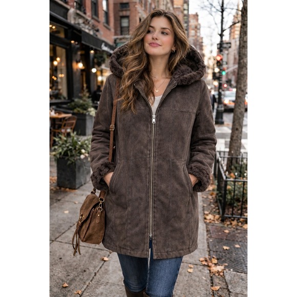 Covington Hooded Faux Fur Suede Leather Winter Coat Size M Retro 70s Vtg Y2K